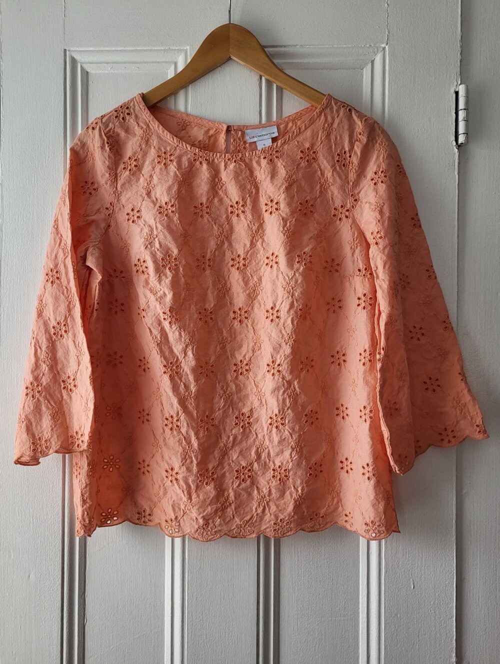 Women's Light Coral Eyelet Blouse - Lightweight 3/4 Sleeve